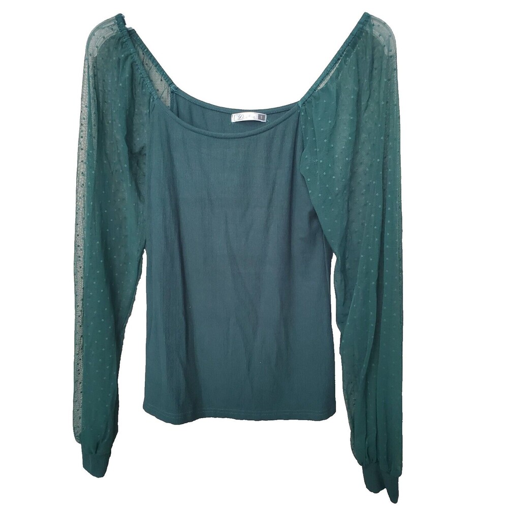 Dorose Green Ribbed Mixed Media Balloon Sleeve Top Size Small